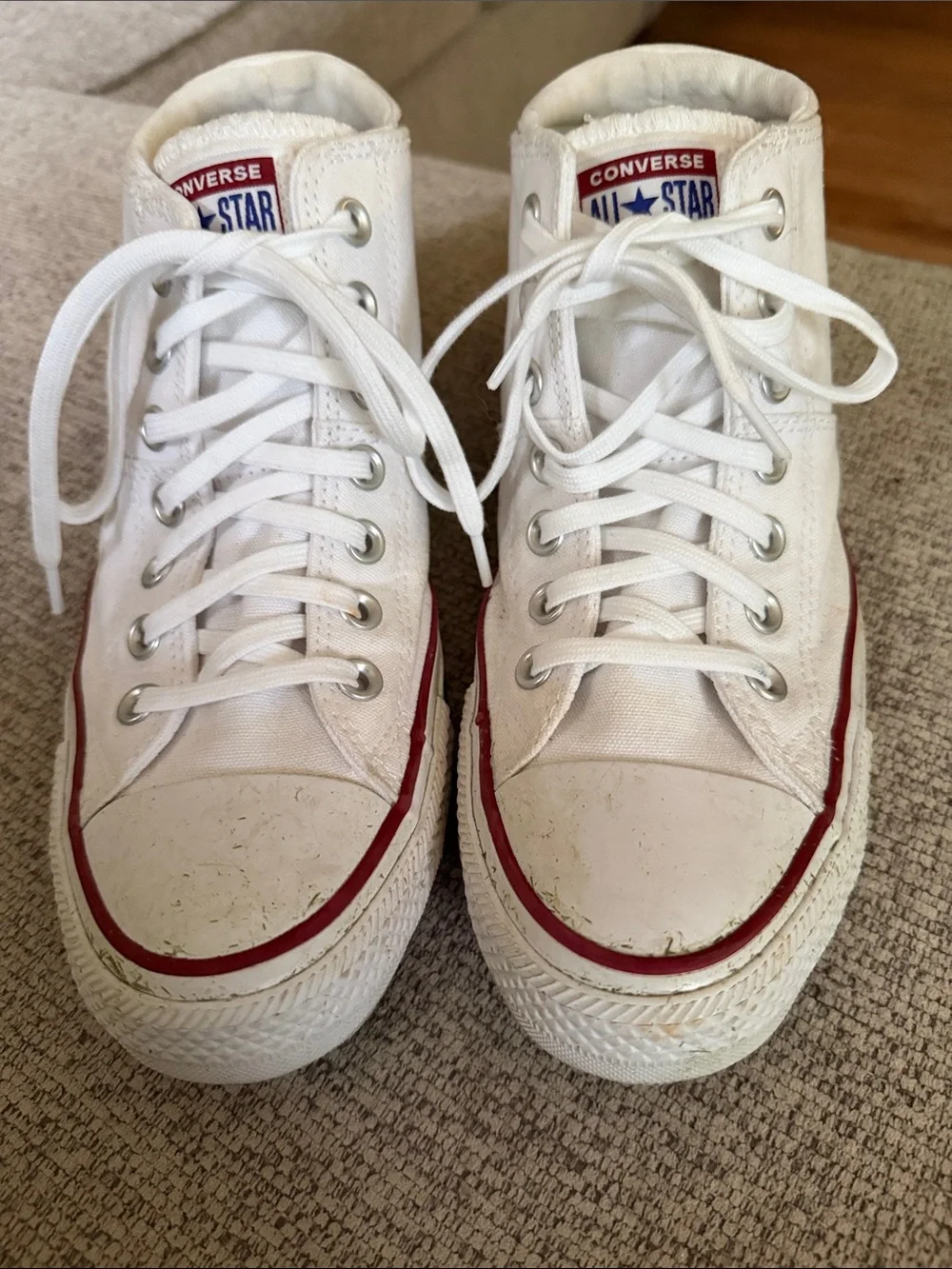 Converse White High Top Sneakers with Red Stripe